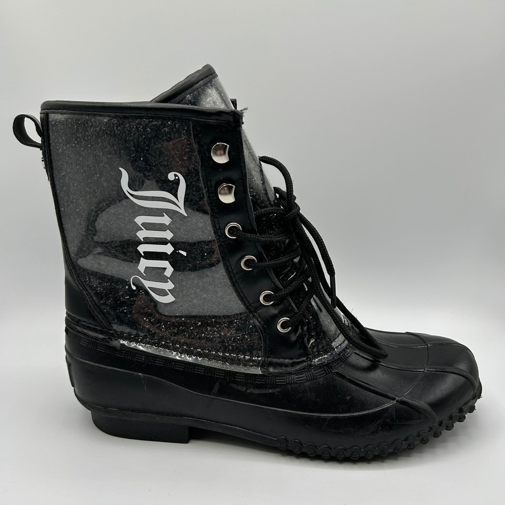 Juicy Couture Talos Black Glitter Clear Lace Up Duck Rain RIGHT BOOT ONLY 9 Y2K